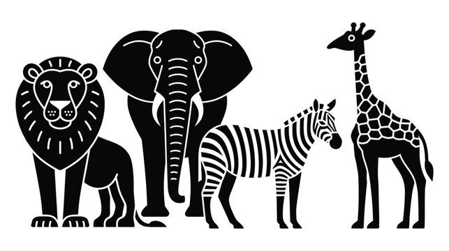 Animal icons featuring lion, elephant, zebra, and giraffe in black silhouette
