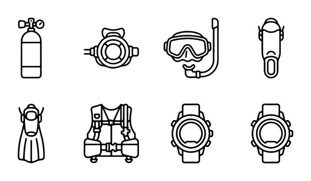 Scuba Diving Gear Icons Set, Underwater Equipment Line Art Collection, Ocean Adventure Symbols