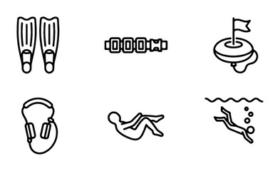 Swimming and Diving Icons Set: Flippers, Buoy, Snorkel Gear, Person Floating, Diver © Sathi