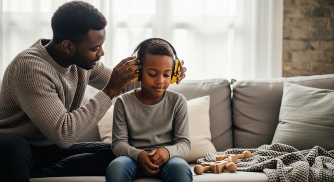Black Parent helps child put on noise-reducing headphones at home, showing sensory support, emotional regulation, gentle parenting and child stress relief.