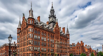 Obraz premium Historic Red Brick Building Standing Under Dramatic Cloudy Sky in European City