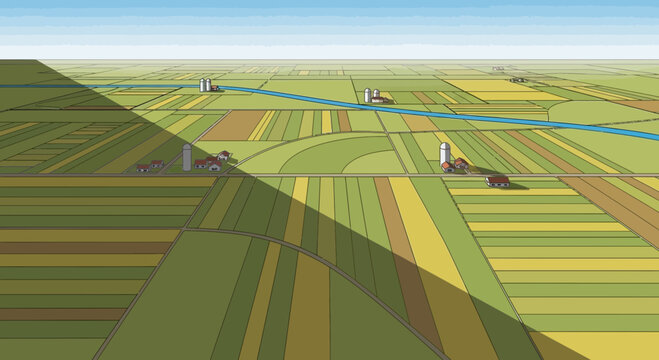 Aerial View of Agricultural Fields with Farmhouses and River, Patchwork Landscape