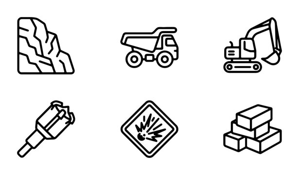Construction Icons Set: Mining, Excavation, Hauling, Drilling, Explosives, Materials