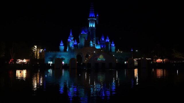 Tashkent, Uzbekistan - May 9, 2026: `Magic City`. Laser and water show at Magic City, night entertainment event.