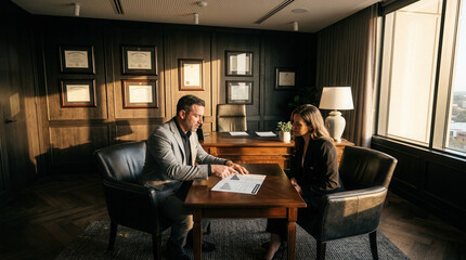 Fototapeta premium Professional Meeting in Executive Office, Discussing Important Documents and Important Negotiations