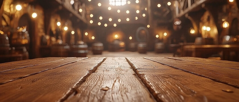 Rustic wooden table, blurred vintage tavern background with barrels and glowing string lights, creating a cozy, warm ambiance