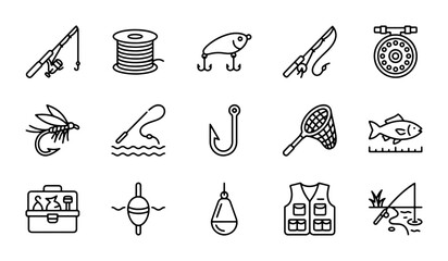 Fishing Icons Set, Angling Equipment Graphics, Outdoor Hobby Vector Collection © Jui
