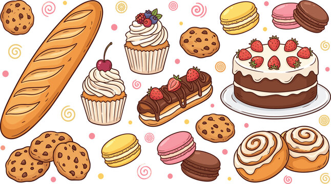 Sweet Bakery and Pastry Vector Set with Chocolate Cake, Cupcakes, Eclair, Macarons, Cinnamon Rolls, Cookies, and French Baguette Bread on White Background