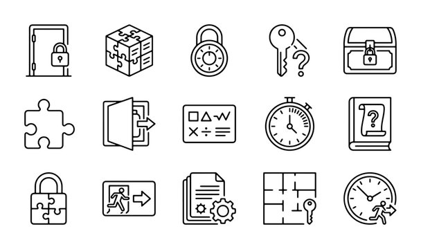 Escape Room Icons: Puzzle, Key, Door, Chest, Lock, Clock, Map, Vector Set