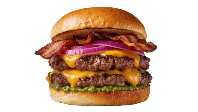 Double beef burger with melted cheese bacon red onion, and avocado spread