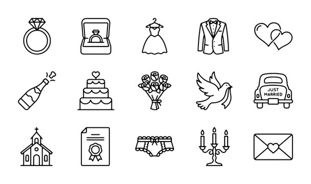 Wedding Icons Set, 15 Line Art Graphics for Invitations, Rings, Cake, Dress, Suit, Hearts