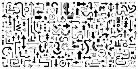 Obraz premium Arrows Doodle Set with Black Vector Line Icons, Varied Styles, and Direction Symbols for Design and Navigation