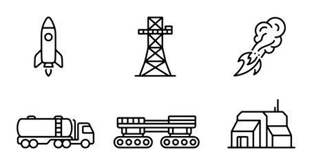 Space Rocket, Power Tower, Industrial Truck, and Futuristic Vehicle Icons Set © Anwarul