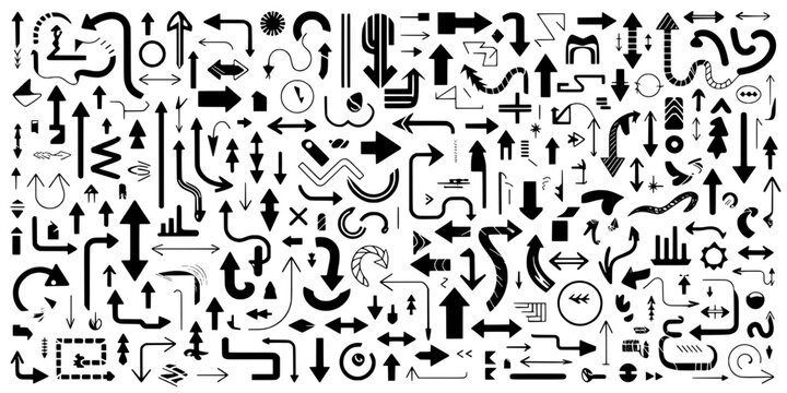 Arrows Doodle Set with Black Vector Line Icons, Varied Styles, and Direction Symbols for Design and Navigation