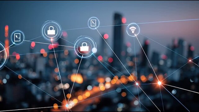 Social media fo city and Smart digital Innovation city with connection network reciprocity over the cityscape. of future smart wireless city and social media networking systems that connects business