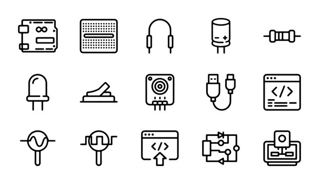 Electronics Icons Set: Circuitry, Components, Code, Technology, Engineering, Digital Design