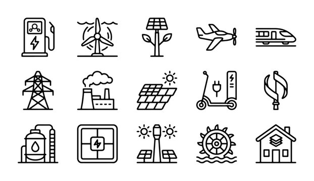 Eco-friendly Energy Icons: Renewable Power, Electric Transport, Sustainable Industry & Green Technology