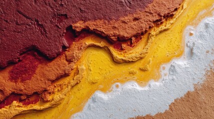 Fototapeta premium Vibrant Abstract Layered Textures of Red, Orange, Yellow, and White Powdered Substances on Natural Background