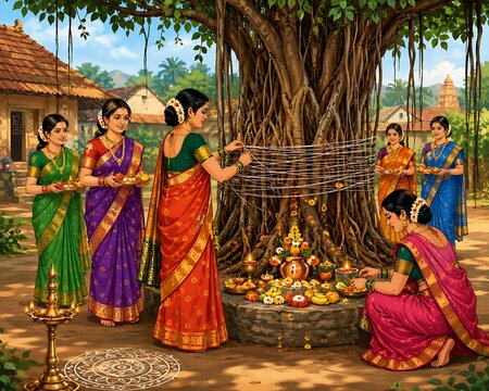 Indian Women Celebrating Vat Purnima Vrat and Vat Savitri Vrat Festival in Traditional Attire