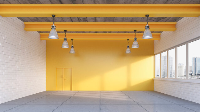 Empty loft with yellow wall, 3D Rendering