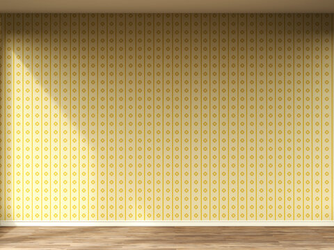 3D rendering of interior wall with old wallpaper and wooden floor