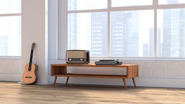 Loft with guitar, radio and record player on sideboard, 3D rendering