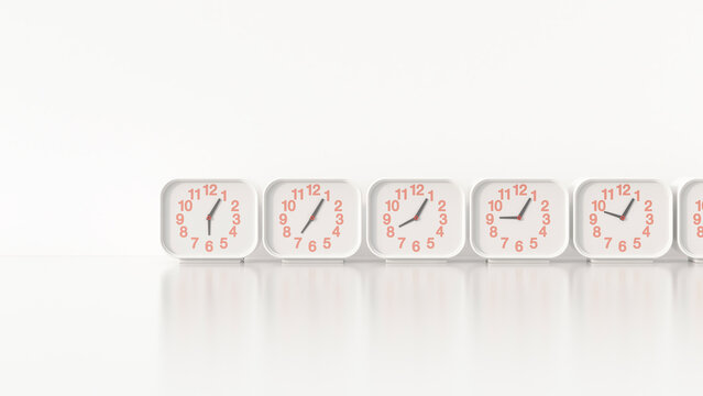 Alarm clocks in a row, 3d rendering