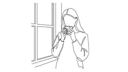 Woman stands by window with 2D CAD Vector illustration of coffee cup © Stock Image Paradise
