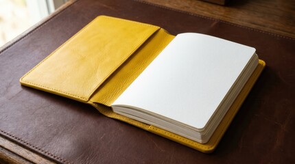Fototapeta premium Open yellow leather notebook with clean blank pages resting on a brown desk pad. Soft natural light highlights the textures, evoking creativity and new ideas.