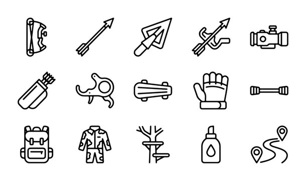 Archery Equipment Icons Set, Hunting Gear Vector Graphics, Outdoor Sport Accessories Collection