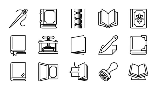 Bookbinding Icons Set: Vintage Craft Tools, Library Objects, Publishing Symbols