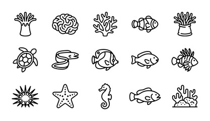 Ocean Life Icons: Sea Creatures, Coral Reefs, Marine Animals, Underwater Ecosystem Vector Set © Labiba