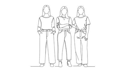 Obraz premium Three women stand together in a 2D CAD Vector illustration of people