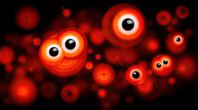 Colorful cartoon eyes on red bubbles with vibrant glow effect against dark background for playful designs and artwork
