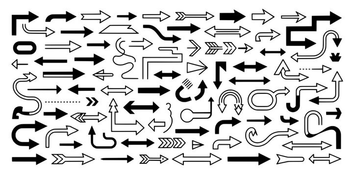 Arrows Navigation Direction Icons with Hand-Drawn Vector Style, Thick Outlines and Multiple Turn Routes for Ui Guidance