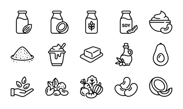 Vegan Food Icons Set, Plant-Based Ingredients, Dairy Alternatives, Healthy Diet Graphics