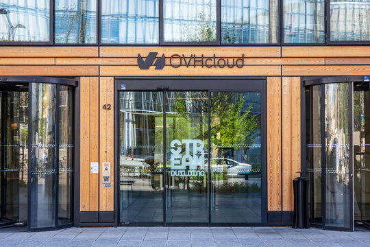 Paris, France, April 7, 2026: Entrance of the offices of OVHcloud, formerly OVH &mdash; a French cloud computing company founded by Octave Klaba in 1999 in Roubaix, France &mdash; housed in the Stream building.