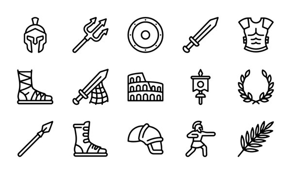 Ancient Roman Icons Set: Gladiator, Helmet, Sword, Shield, Colosseum, Laurel Wreath, Vector Graphics