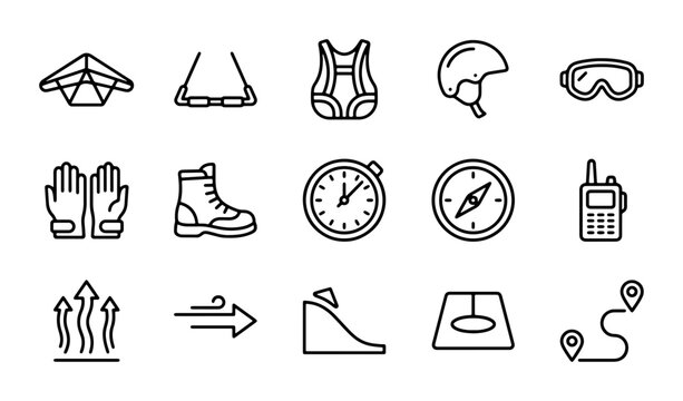 Adventure Sports Icons Set: Paragliding, Hiking, Camping Gear, Navigation, Safety Equipment