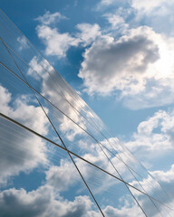 Fototapeta premium Solar panels gleam beneath a bright blue sky. Clouds drift above, casting soft shadows. Sunlight reflects off glass, creating a shimmering effect. The angled perspective highlights modern technology