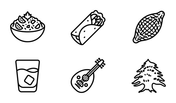 Lebanese Food Icons, Drink, Oud Instrument, Cedar Tree Vector Set