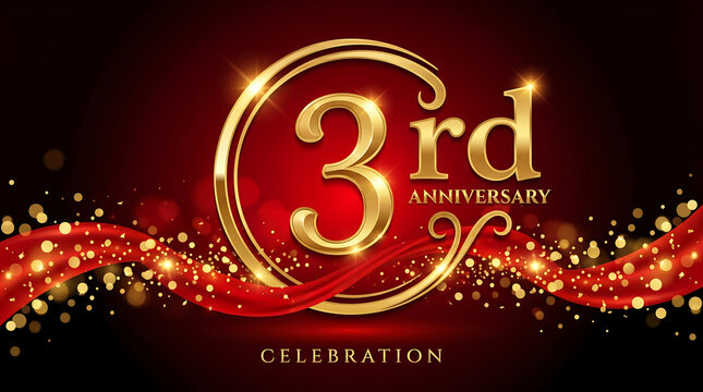 Golden 3rd Anniversary Celebration, Luxury Event Banner, Red and Gold Glitter Design, Party Decoration