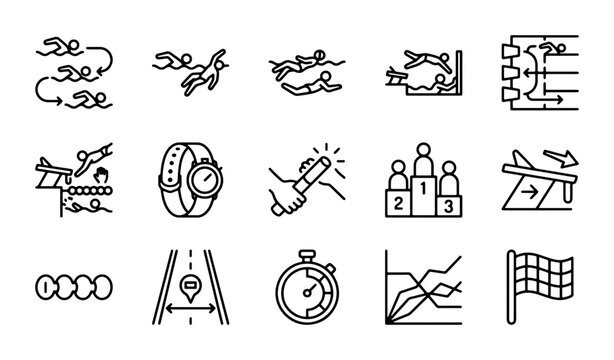 Swimming Competition Icons, Sports Event Graphics, Race Day Vector Set, Athlete Performance Symbols