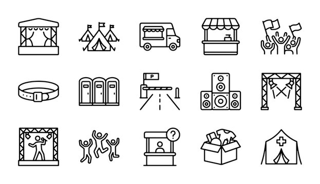 Festival Icons Set: Stage, Tents, Food Truck, Booths, Crowd, Portable Toilets, Barrier, Speakers, Wristband, Box