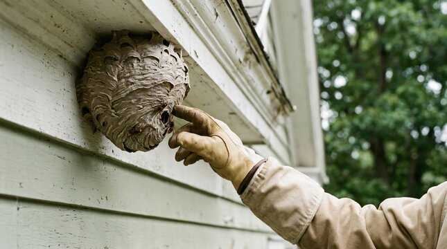 Exterminator removing wasp nest from house roof. Specialist wearing glove destroying hornet hive. Pest control service for home insect infestation and safety management in residential area.