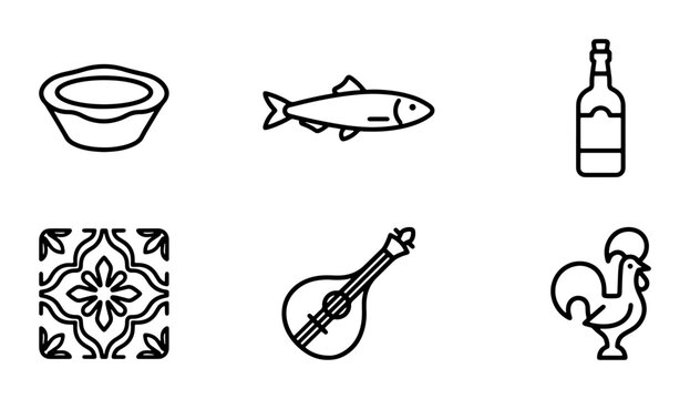 Portuguese Culture Icons: Rooster, Fish, Mandolin, Tile, Bowl, Wine Bottle Vector Set