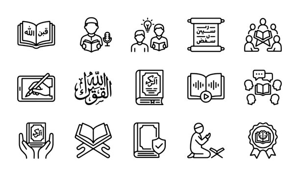Islamic Education Icons, Quran Study, Religious Learning Set, 15 Vector Graphics