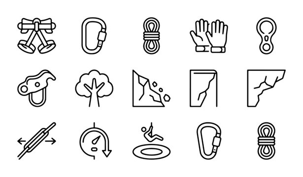 Climbing Gear Icons, Rock Climbing Equipment Vector Set, Adventure Sports Symbols