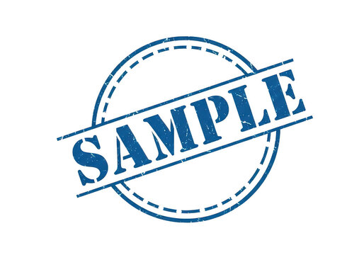 Blue grunge style circular rubber stamp with the word sample in the center, distressed texture, vintage office supply isolated on a transparent background
