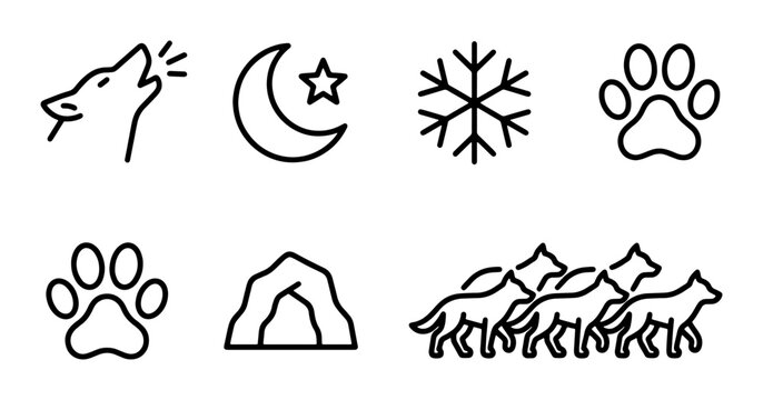 Wolf Pack Icons, Howling Wolf, Moon, Snowflakes, Paw Prints, Cave, Vector Set